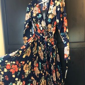 navy floral long sleeve pleated midi dress